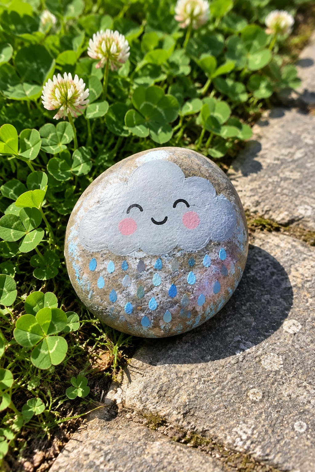 Smiling cloud with pink cheeks and blue raindrops painted on rock amid clover.