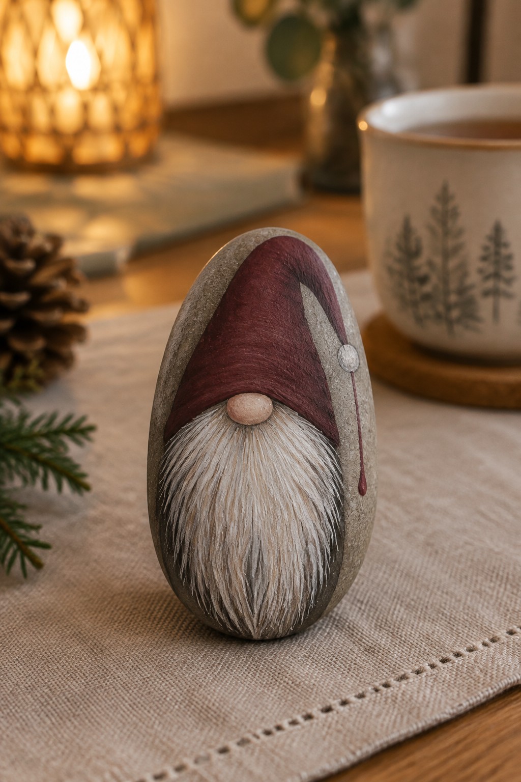 Painted stone gnome with maroon hat and long white beard on fabric.