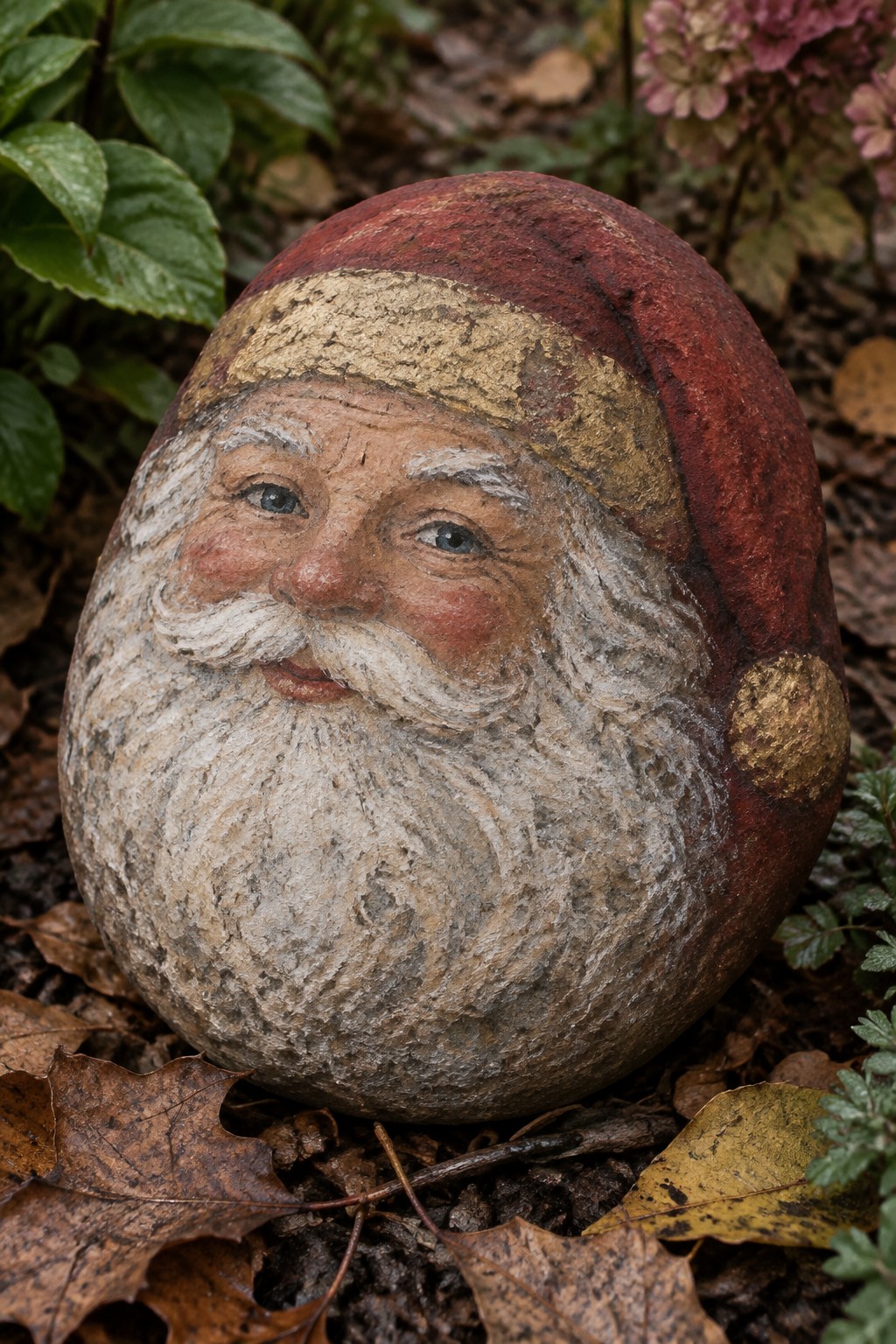 Painted rock resembling Santa with red hat, white beard, and rosy cheeks on autumn leaves.