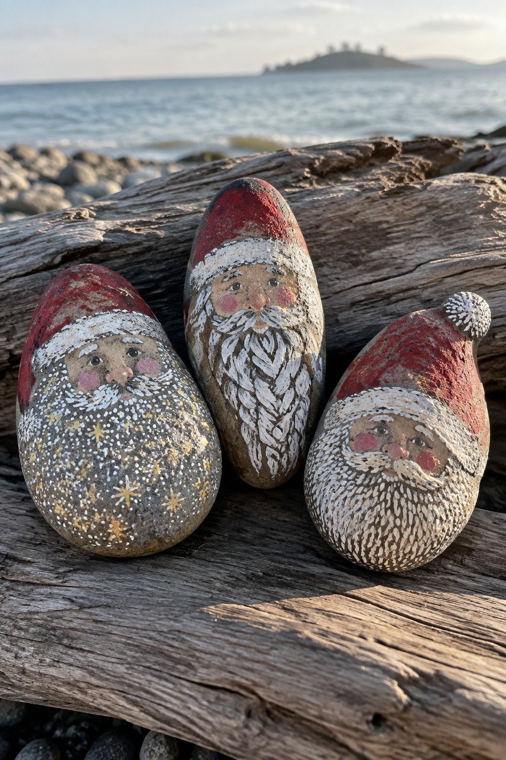 Three painted Santa Claus rocks on driftwood beside the ocean at sunset