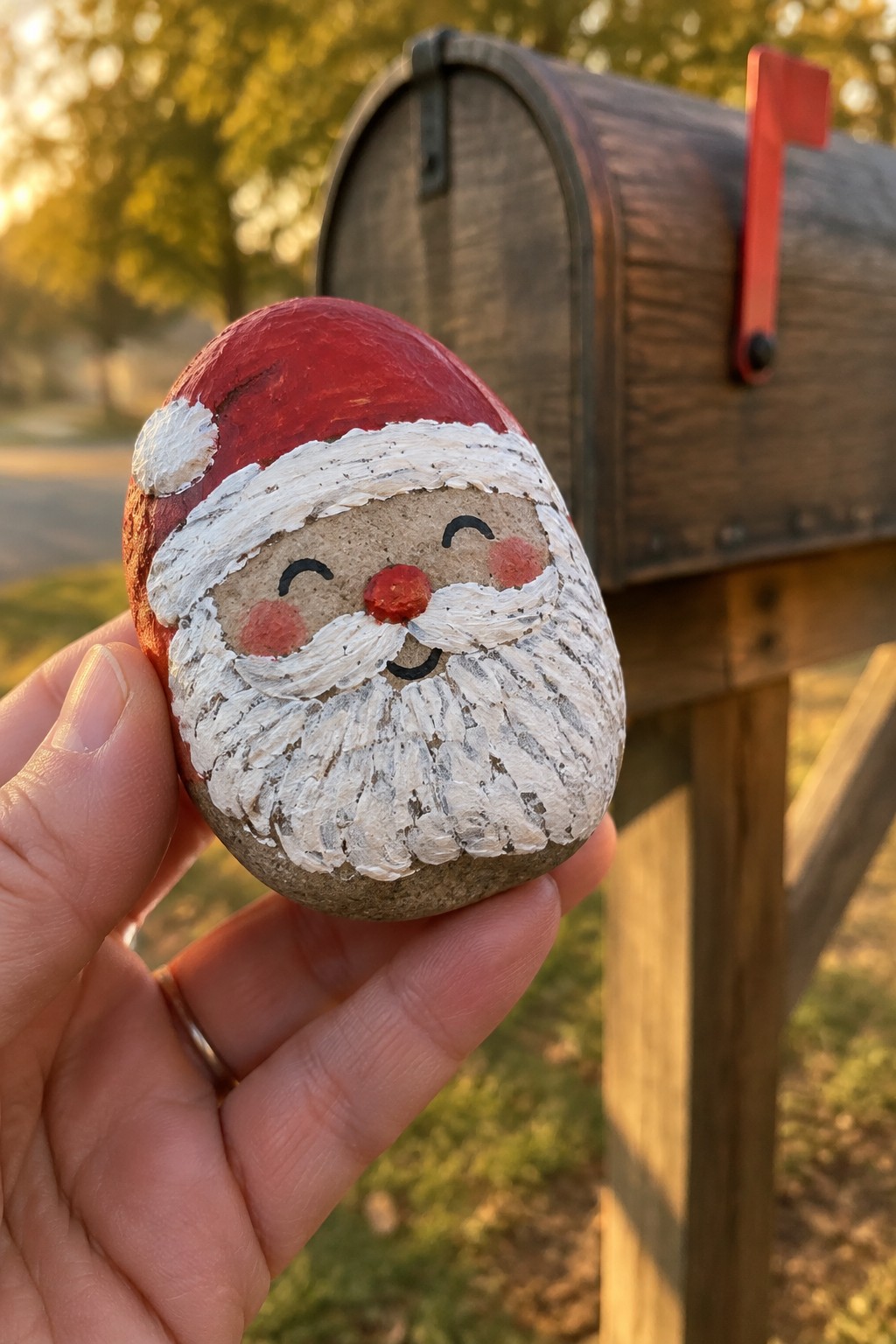 Hand holding painted rock Santa with red hat, white beard, rosy cheeks near mailbox.