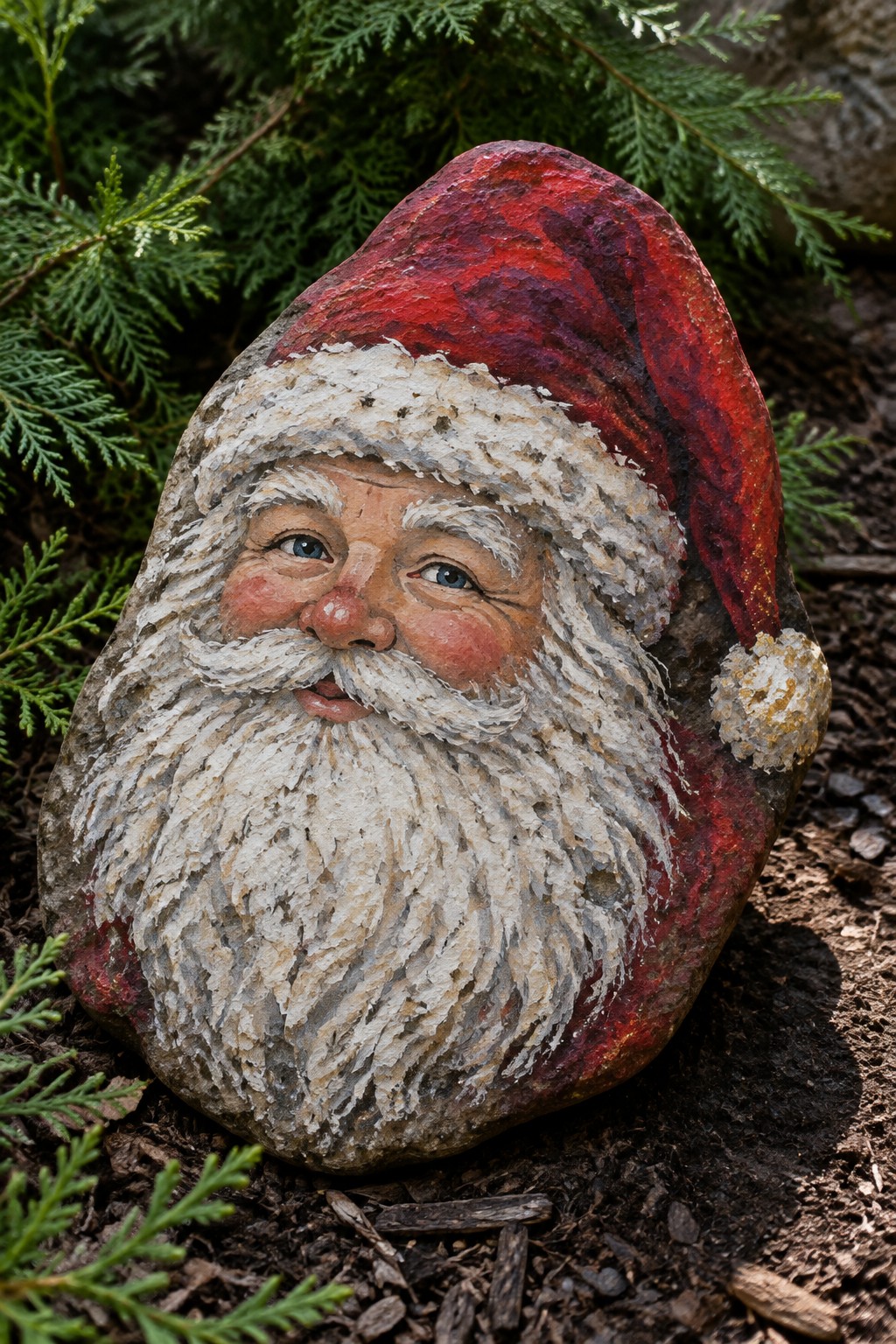 Painted rock as Santa with red hat, white beard, blue eyes on dirt amid greenery