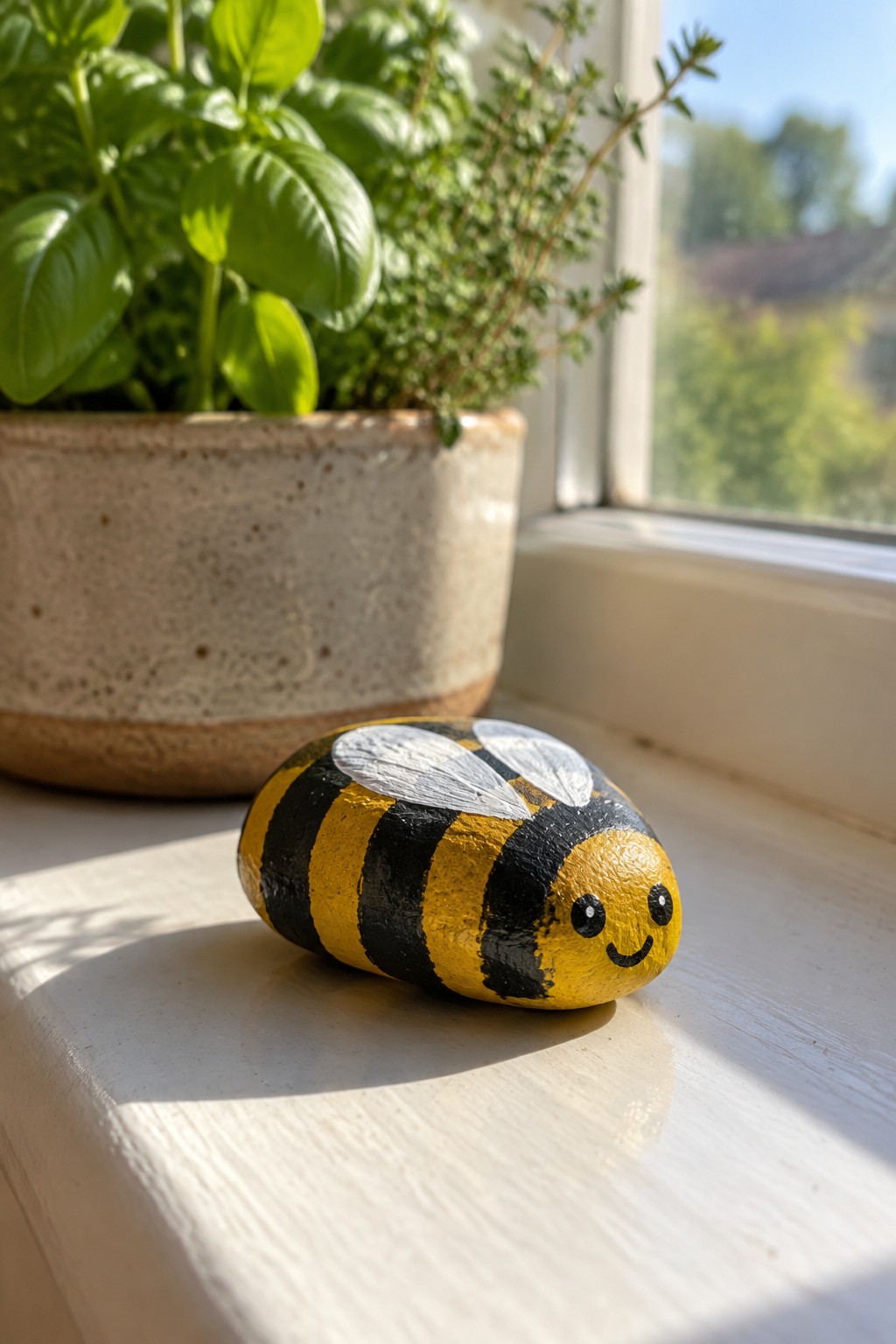 Painted bee rock with black yellow stripes on windowsill beside potted herbs
