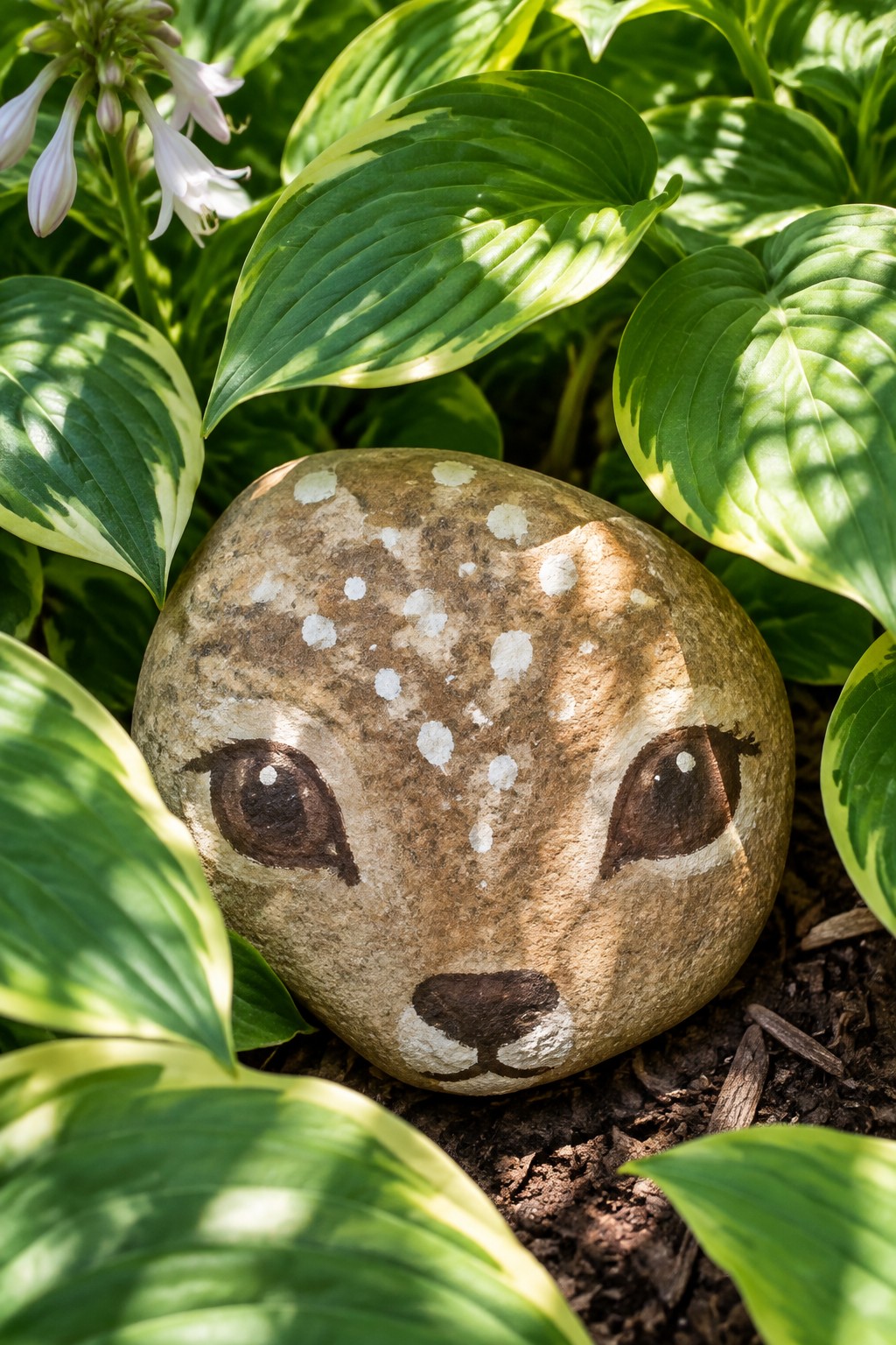 Painted stone fawn face nestled among lush green hosta leaves in sunlight.