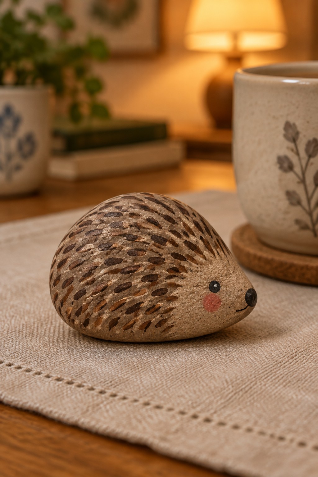 Painted hedgehog rock on beige cloth beside floral ceramic mug on wooden table