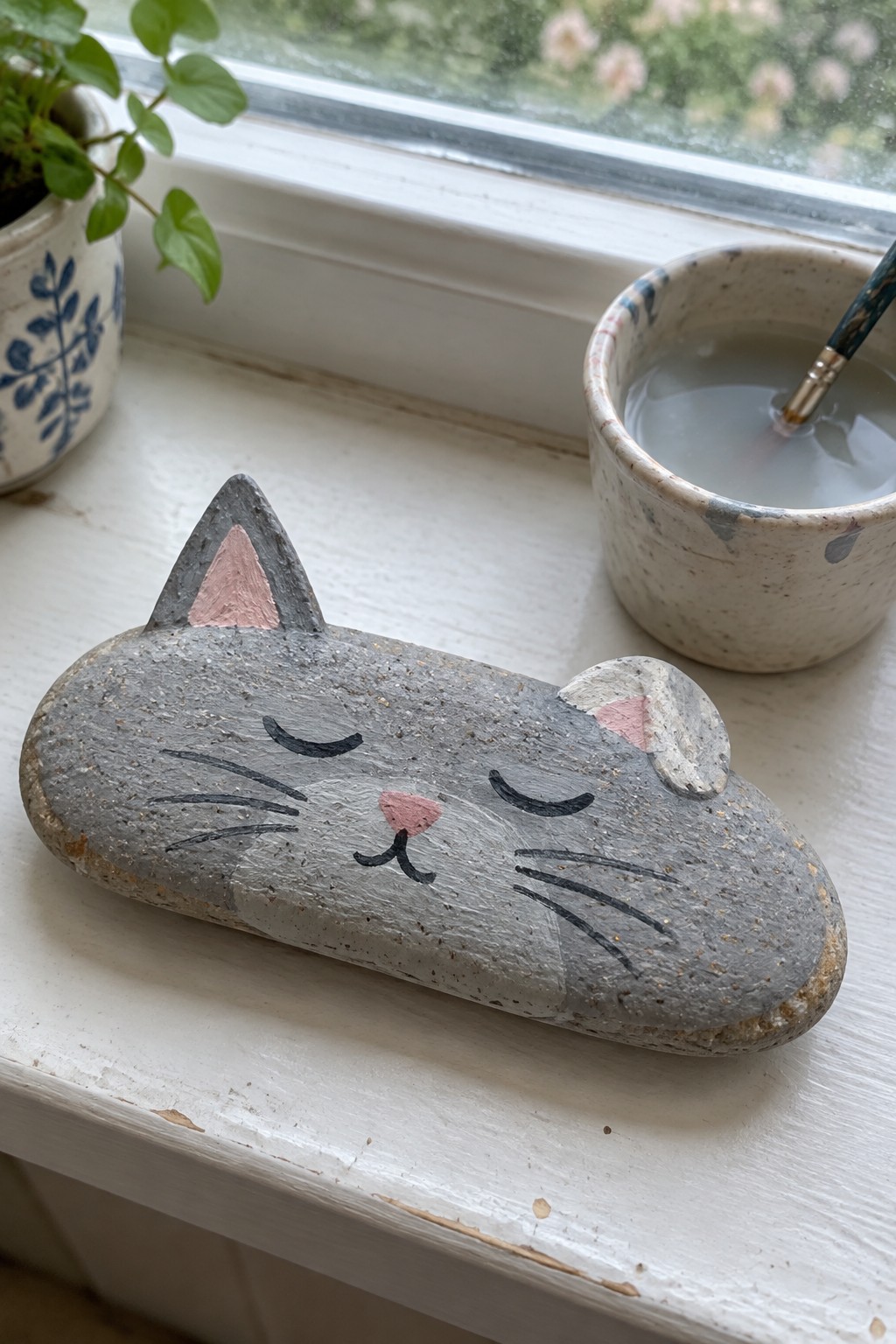 A gray painted rock with a sleeping cat face rests on a white windowsill beside a potted plant and a speckled cup holding a paintbrush.