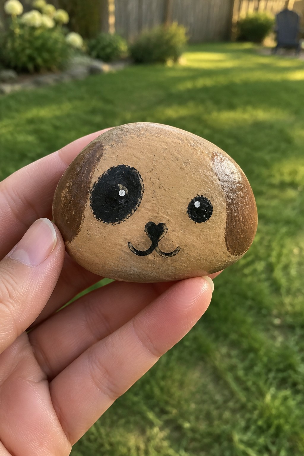 A hand holding a smooth oval rock painted with a dog face using black and brown paint on a tan base.