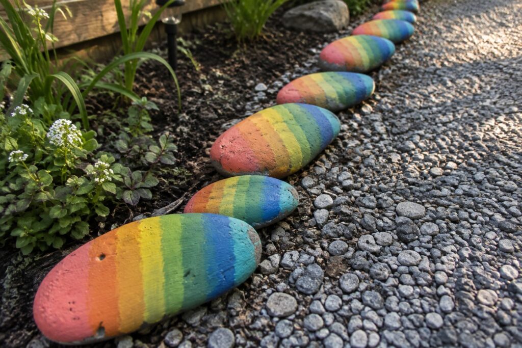Rainbow-painted oval stones form a curving path on gravel beside garden plants