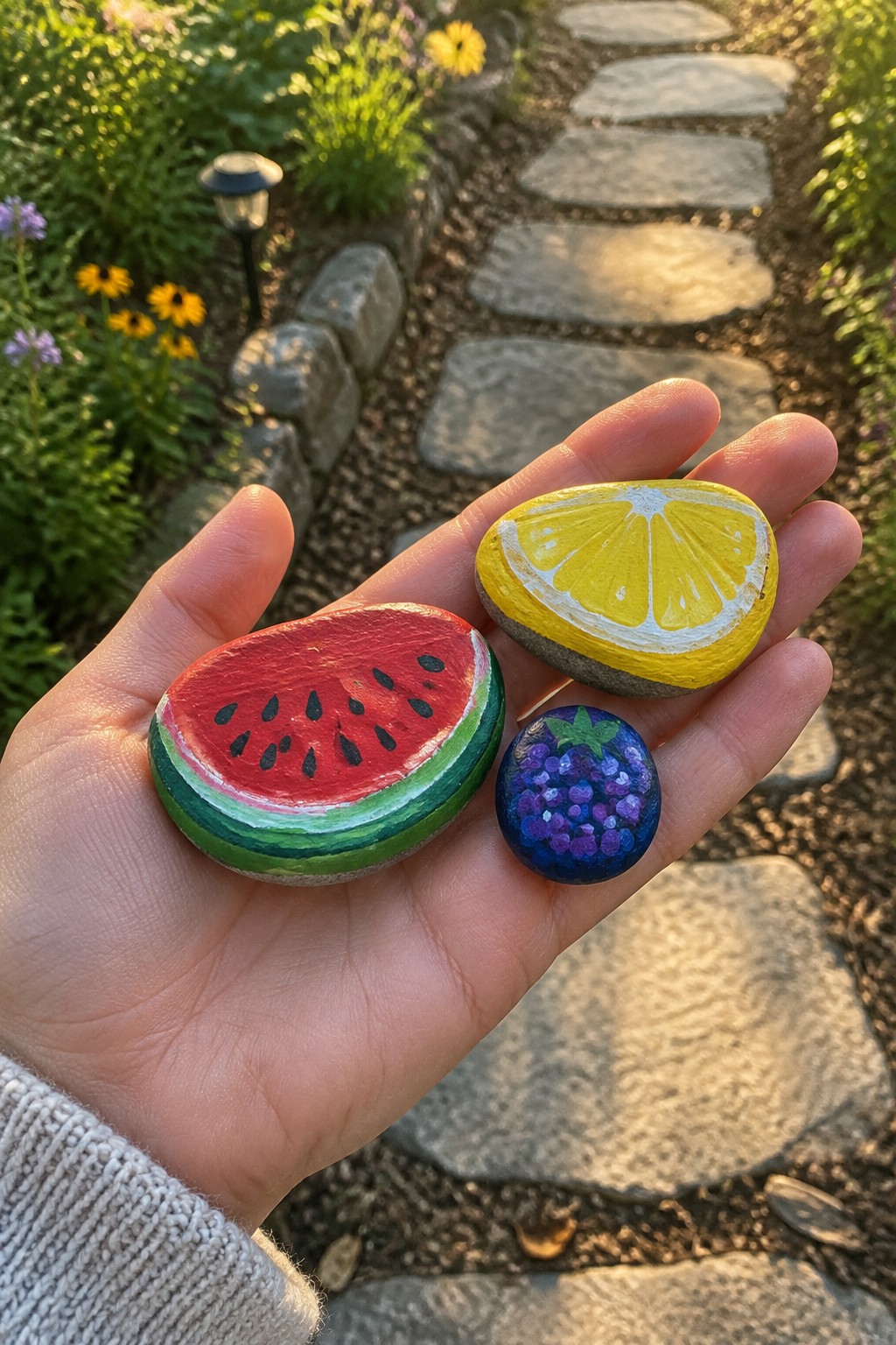 Hand holding three painted rocks resembling watermelon, lemon, and berry in garden.
