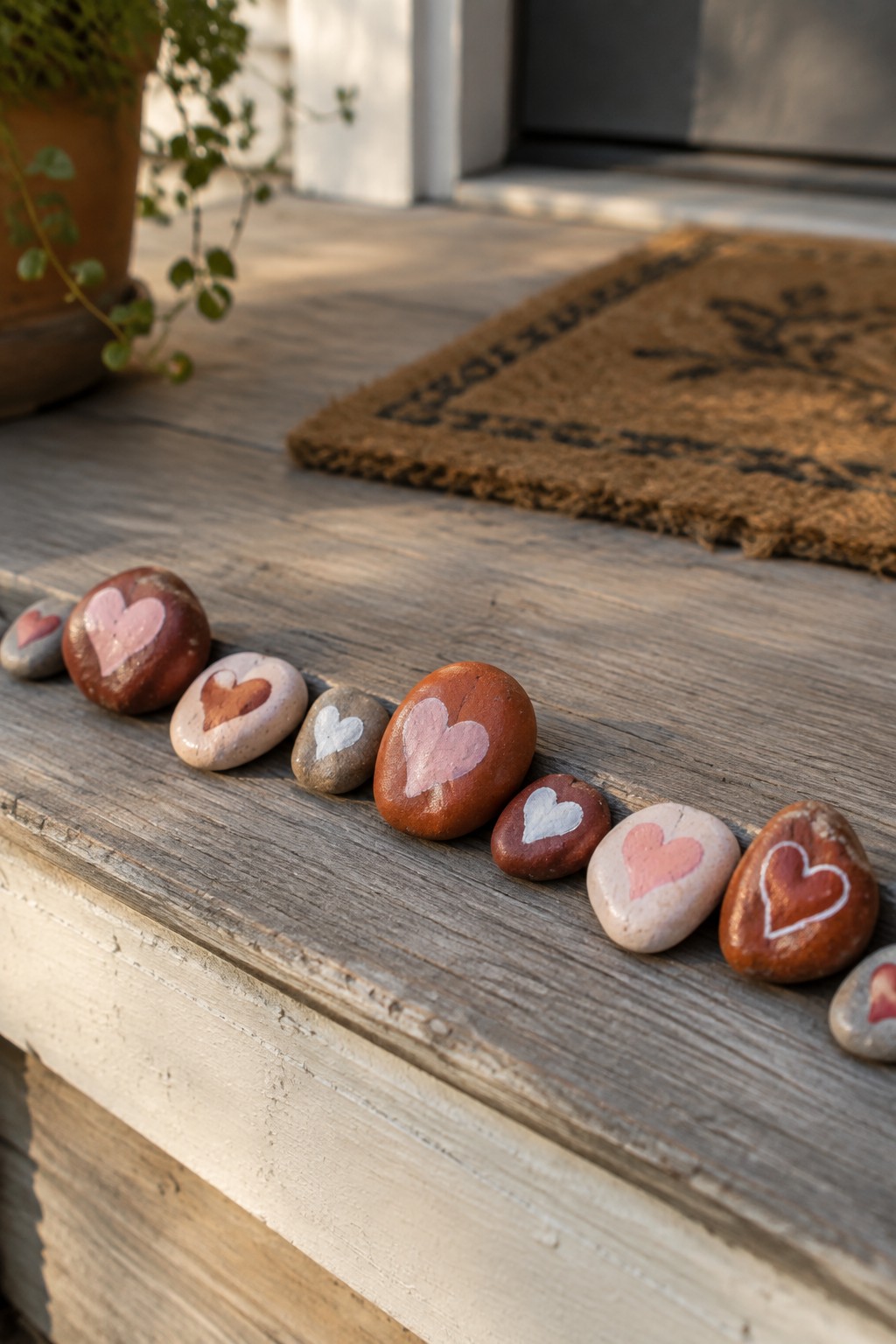 Assorted stones painted with hearts in pink and white on wooden steps.