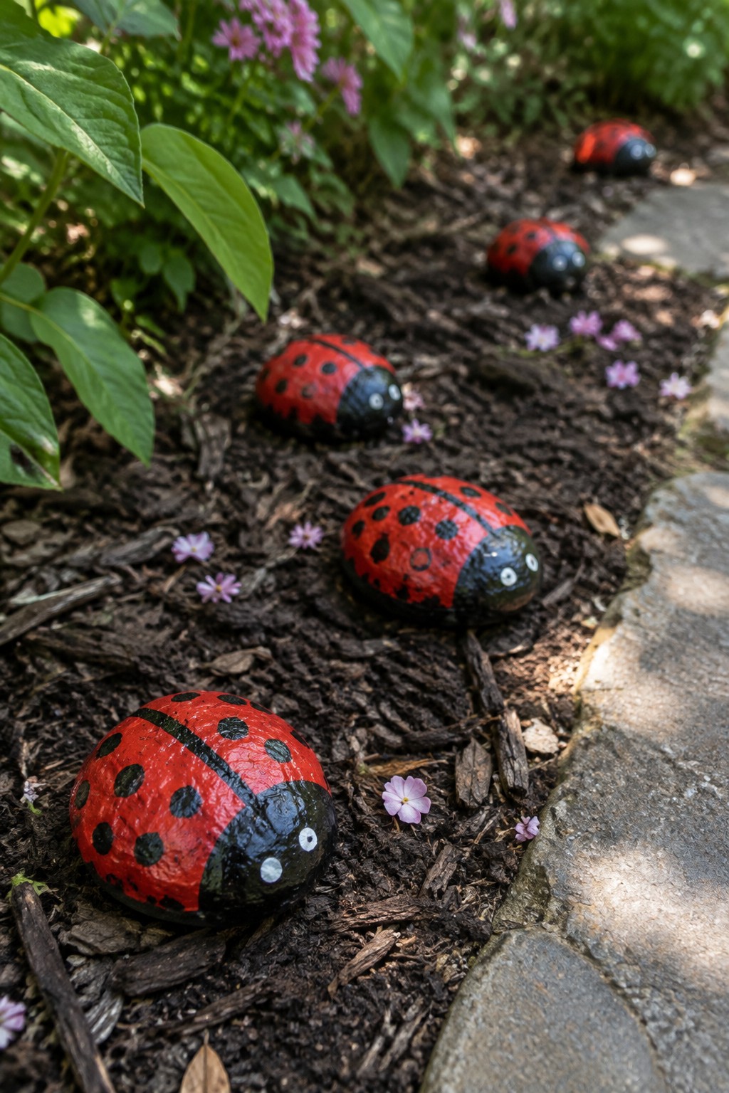 Red ladybug rocks with black spots on garden mulch near pink flowers.