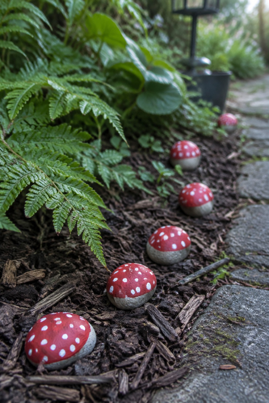 Red and white painted mushroom rocks on mulch amid ferns and stones.