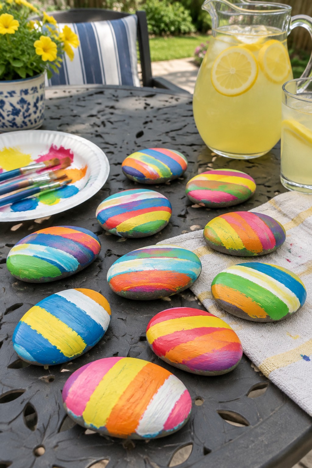 Colorful rainbow-striped rocks on patio table with lemonade pitcher and paint supplies