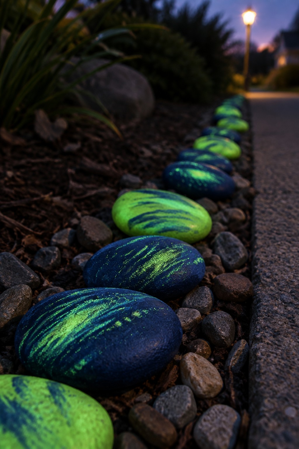 Glowing green and blue painted rocks lined along a garden path at dusk.