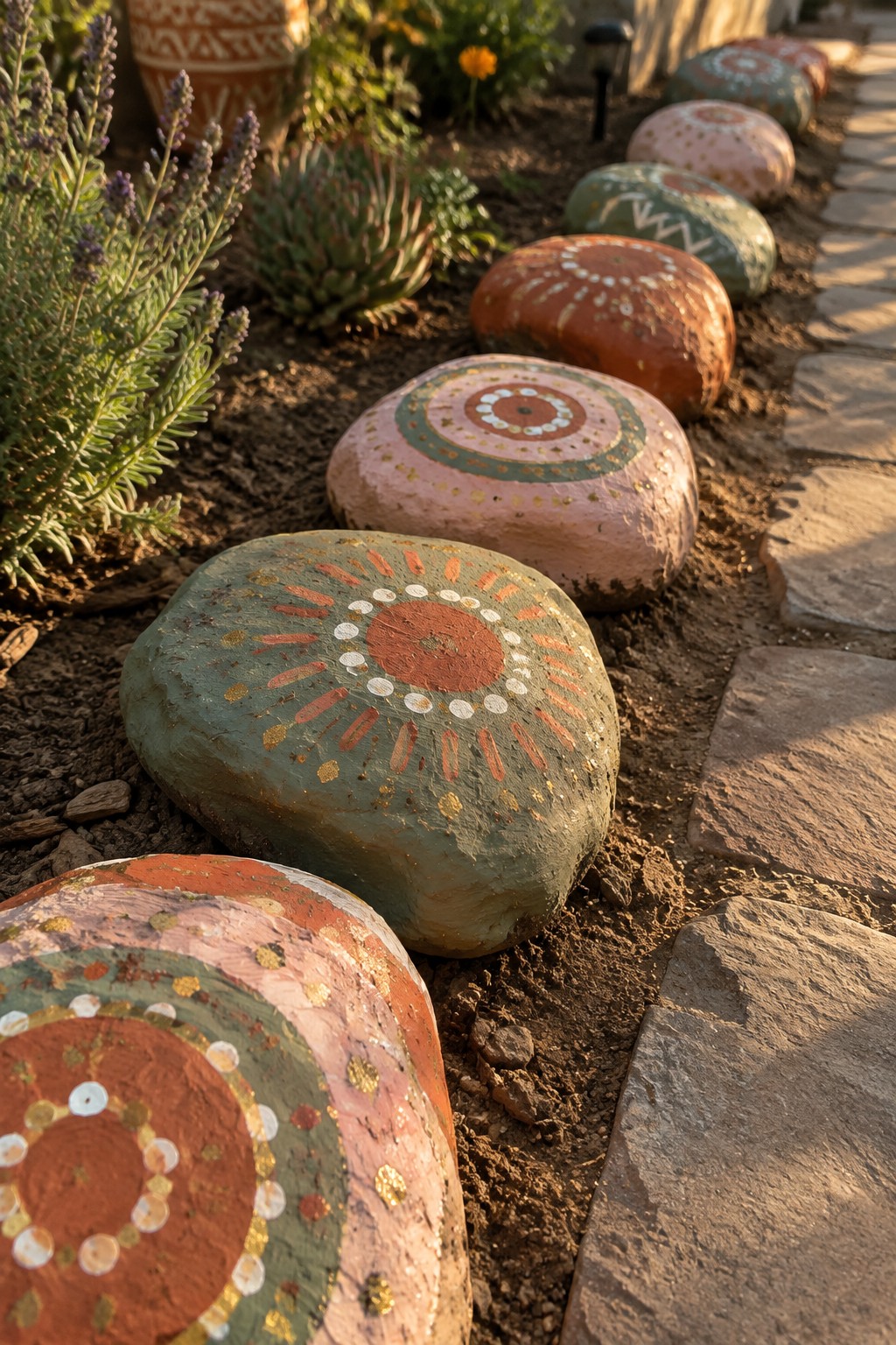 Painted rocks with sunburst and circular designs line a garden path beside plants.