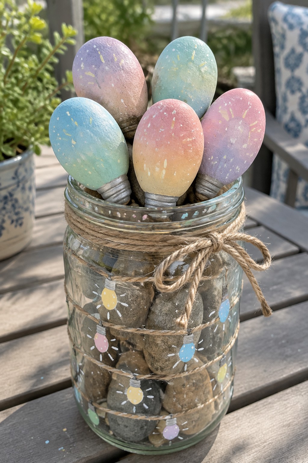 Pastel-painted light bulbs atop a twine-wrapped mason jar filled with rocks