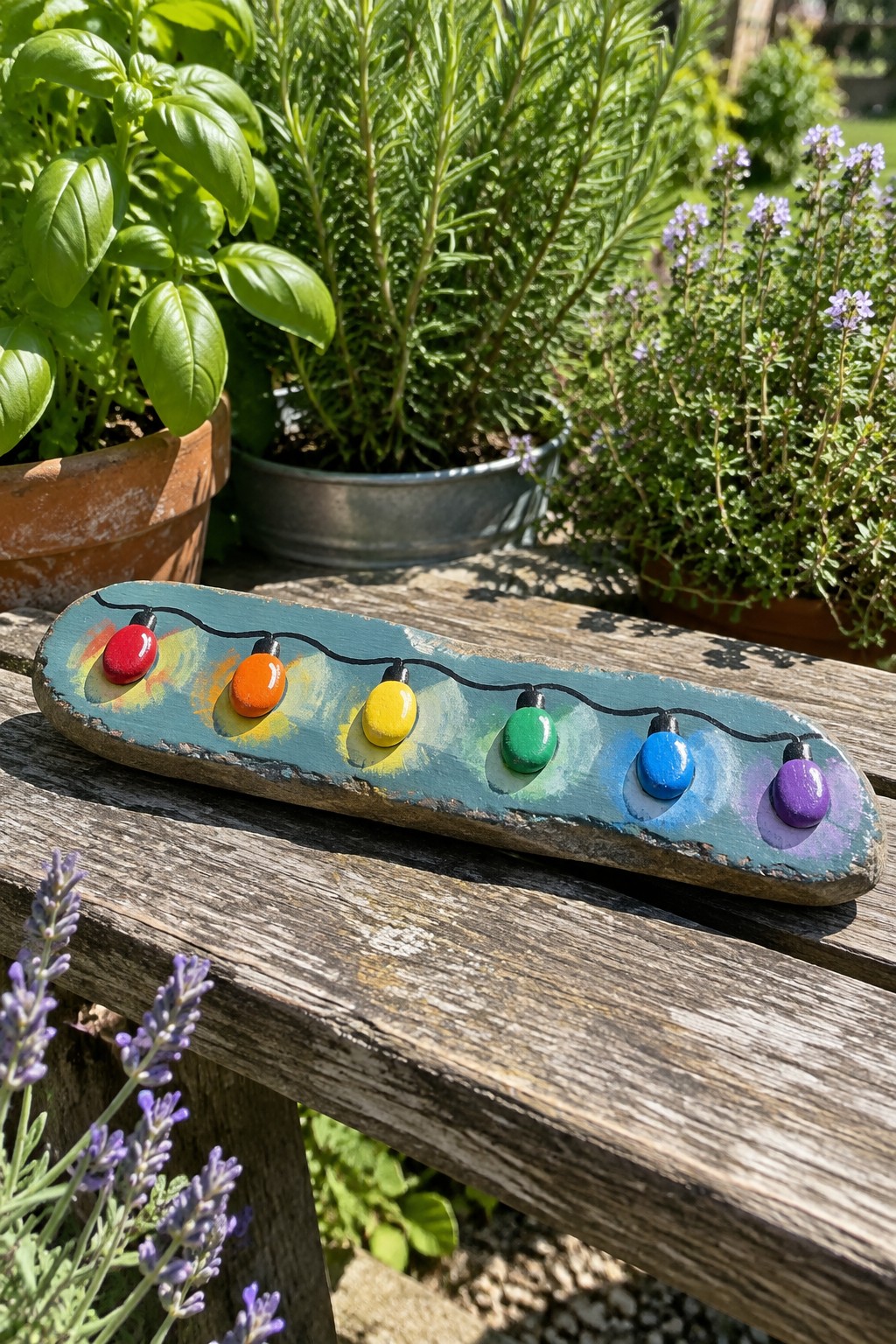 Colorful painted string lights on teal wooden plank amid potted garden herbs