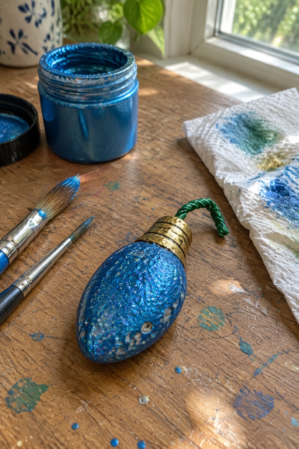 Blue glitter lightbulb ornament beside paintbrushes, open jar, and paper towel on table