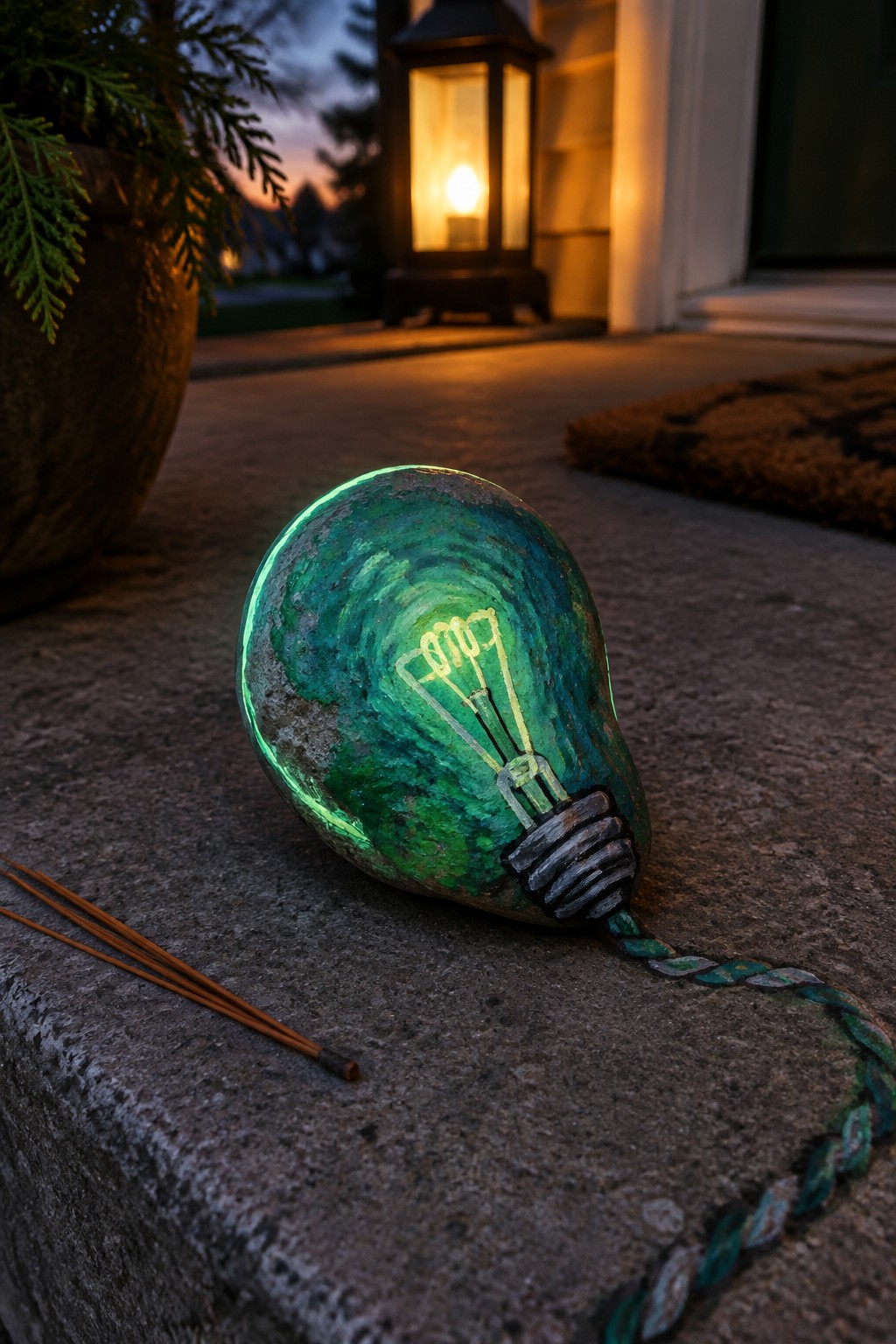 Glowing green painted rock lightbulb with filament and braided cord on stone step