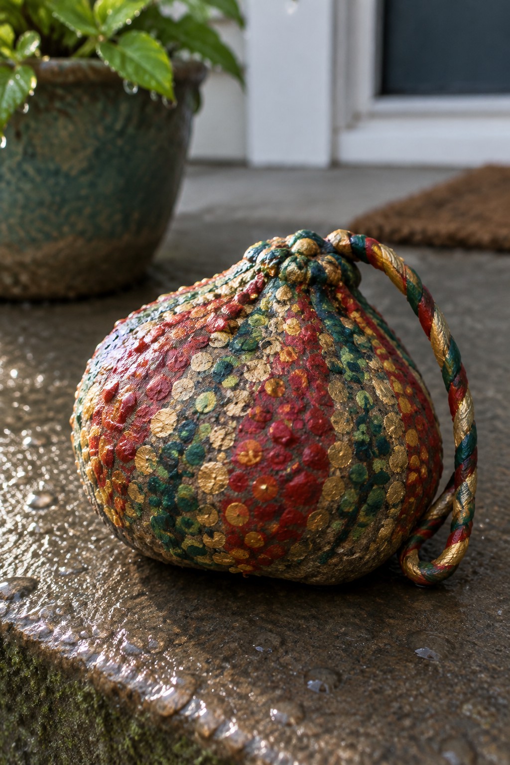 Colorful painted gourd with braided handle on wet stone near potted plant.