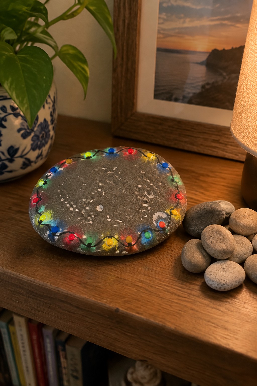Gray rock edged with painted colorful string lights beside plain pebbles on wood