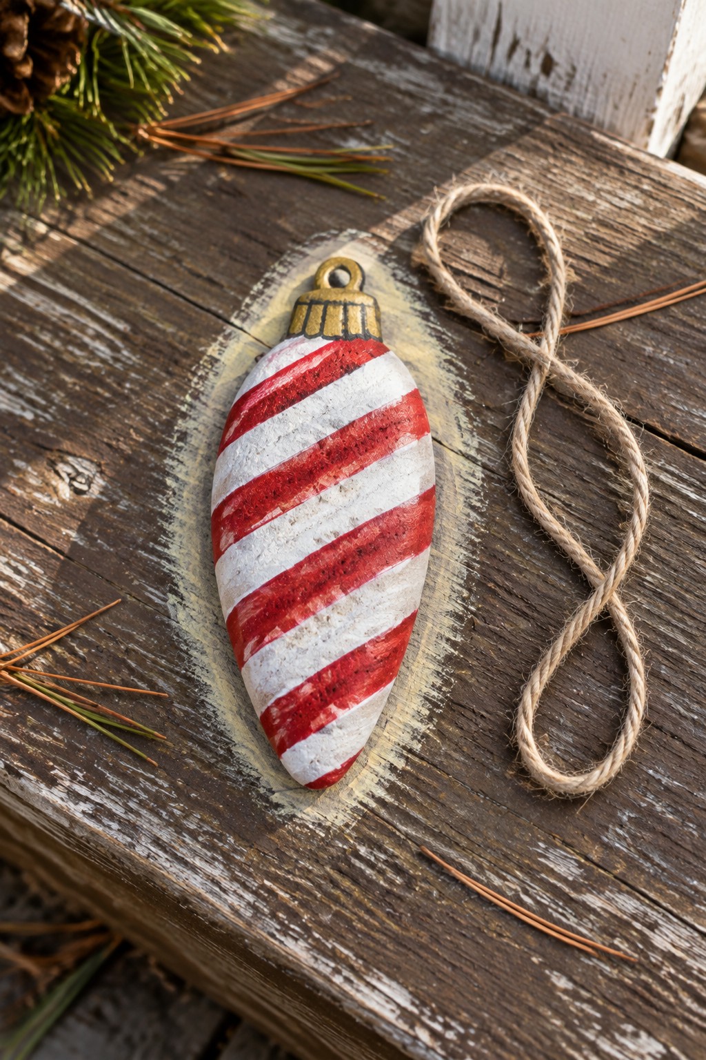 Red and white striped Christmas ornament with twine on rustic wood surface