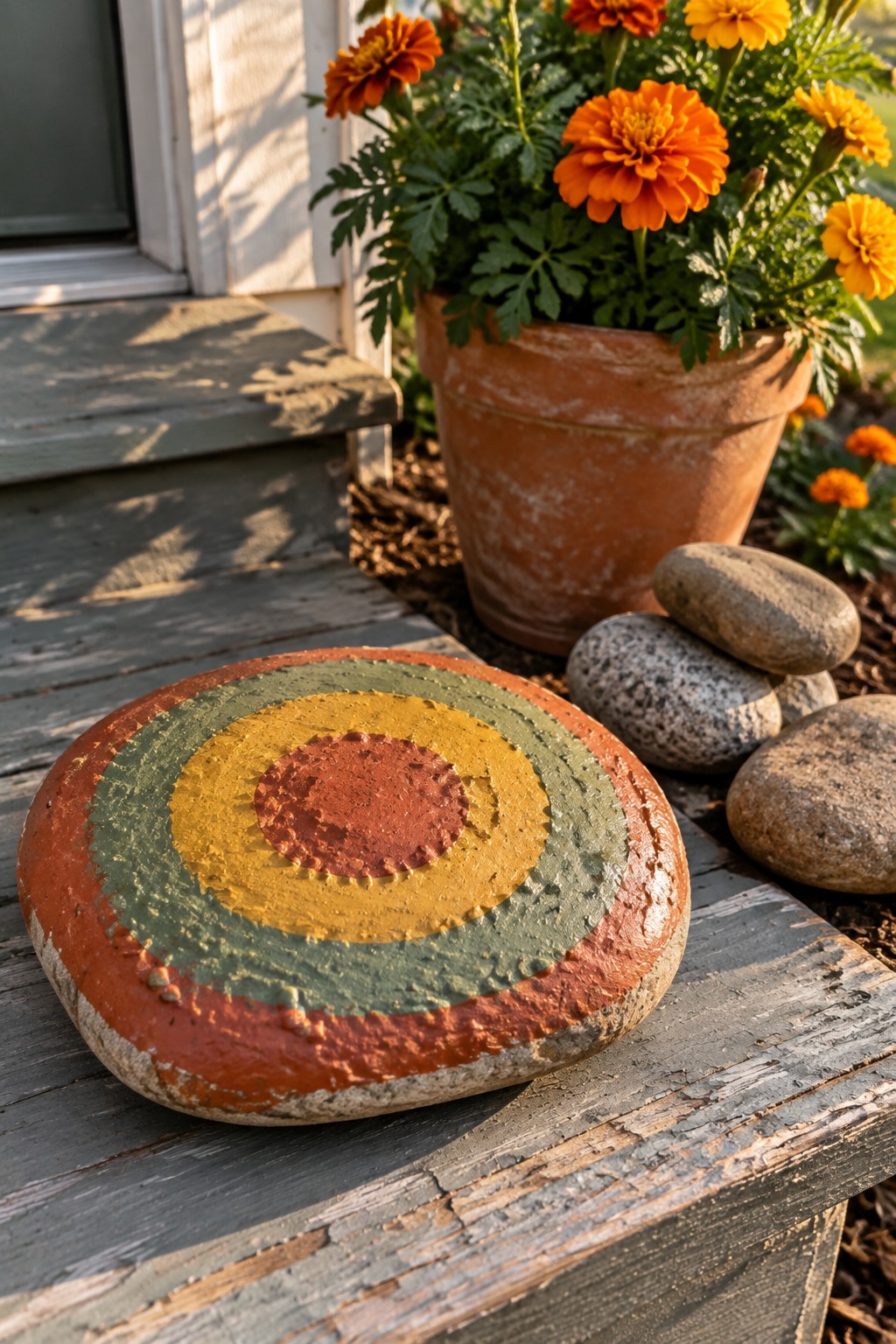 Painted rock with red green yellow bullseye rings on wooden deck near marigolds