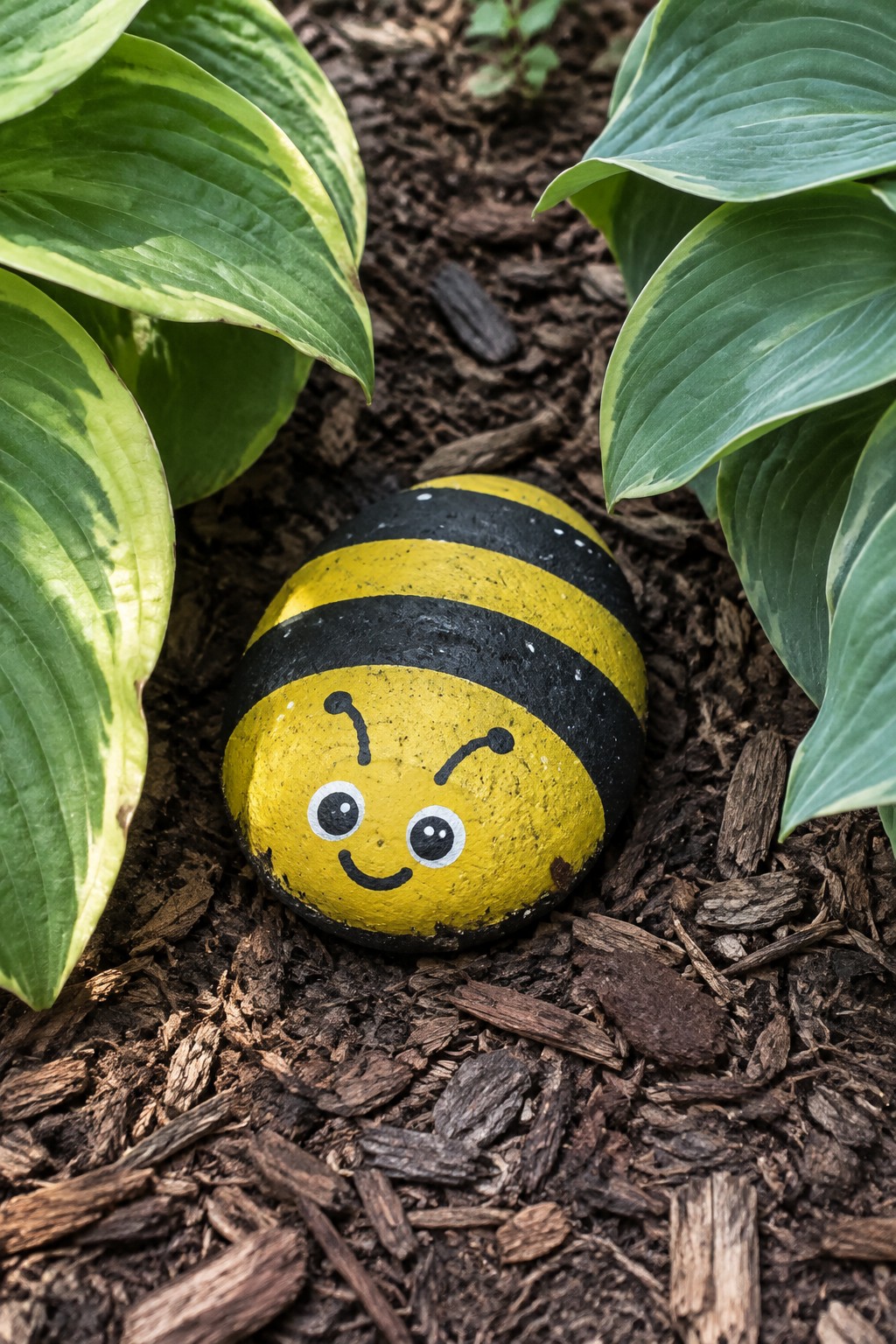 Smiling bee painted on yellow-black striped rock amid mulch and green leaves