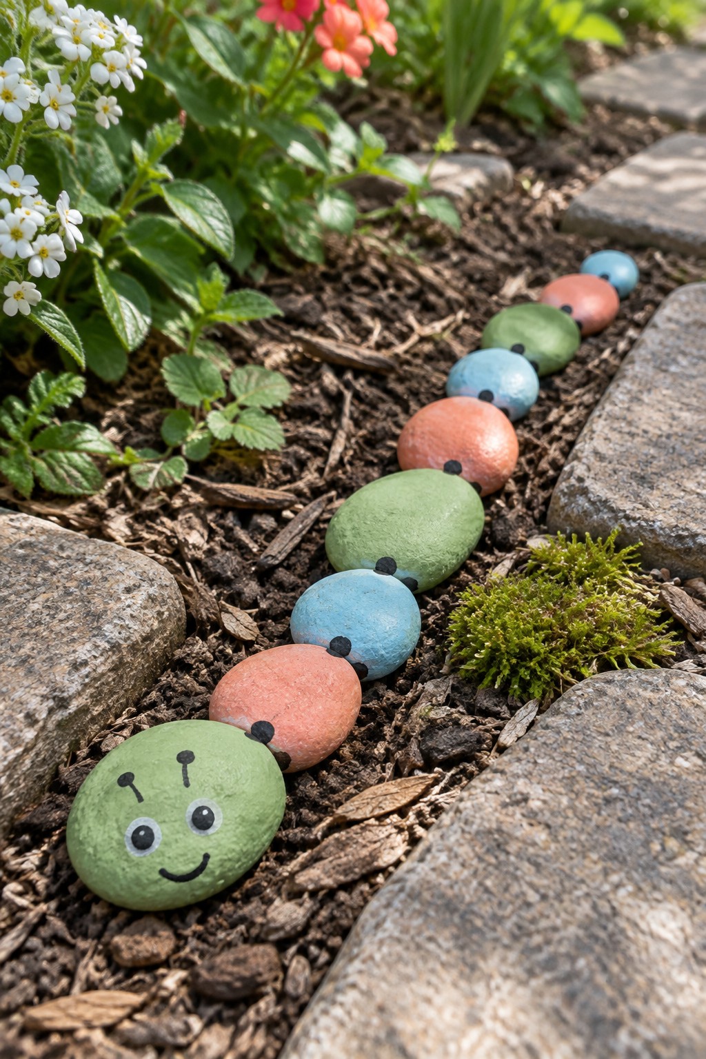 Colorful painted rocks form a smiling caterpillar along a garden path.