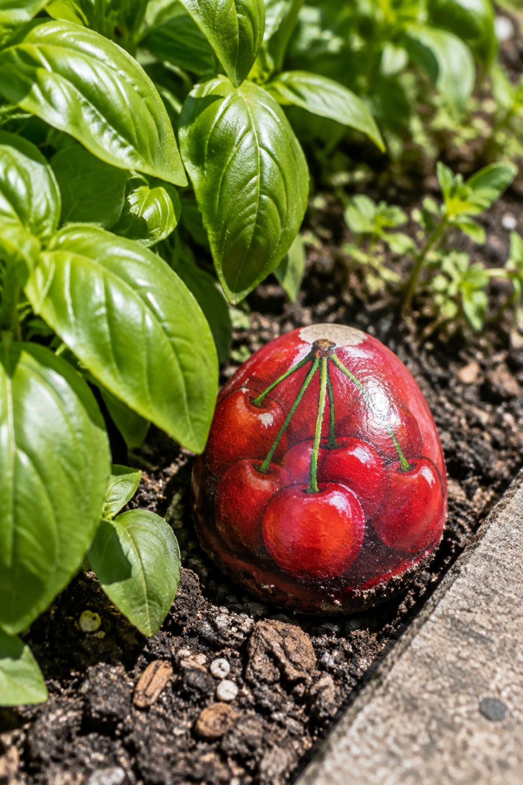 Round stone painted with red cherries resting in soil among green basil leaves