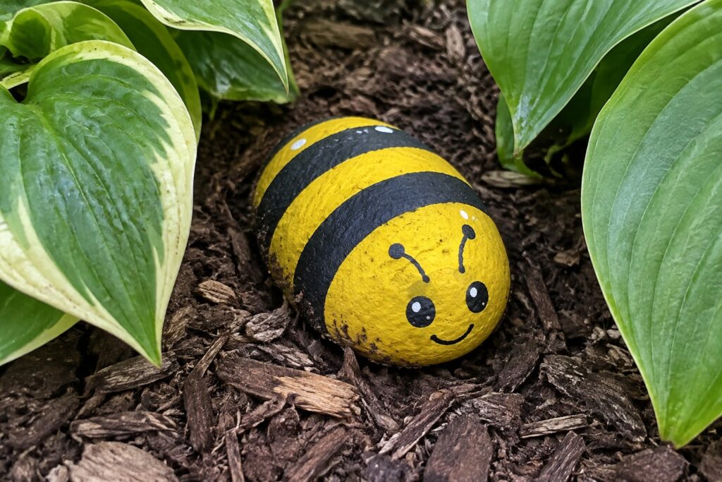 Smiling bee painted on yellow-black striped rock amid mulch and green leaves