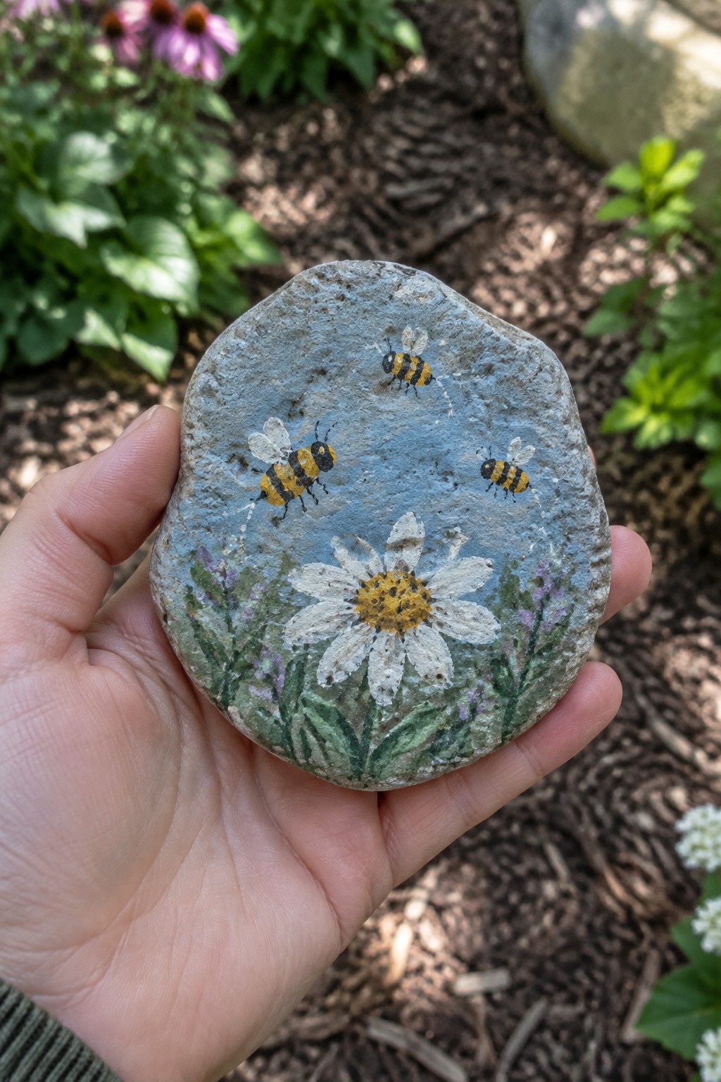 Hand holding painted stone with daisy, three bees, and blue sky background.