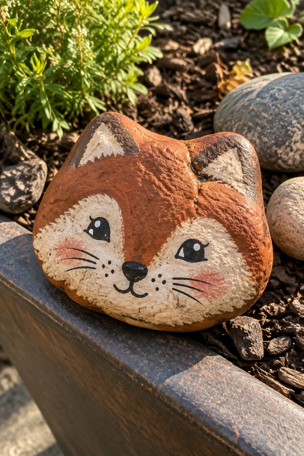 Painted rock fox face with orange fur, white muzzle, black eyes, and whiskers.