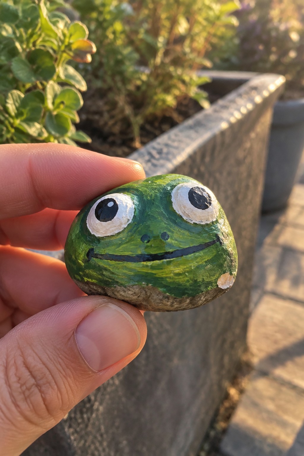 Hand holding small green rock painted as frog with large white eyes.