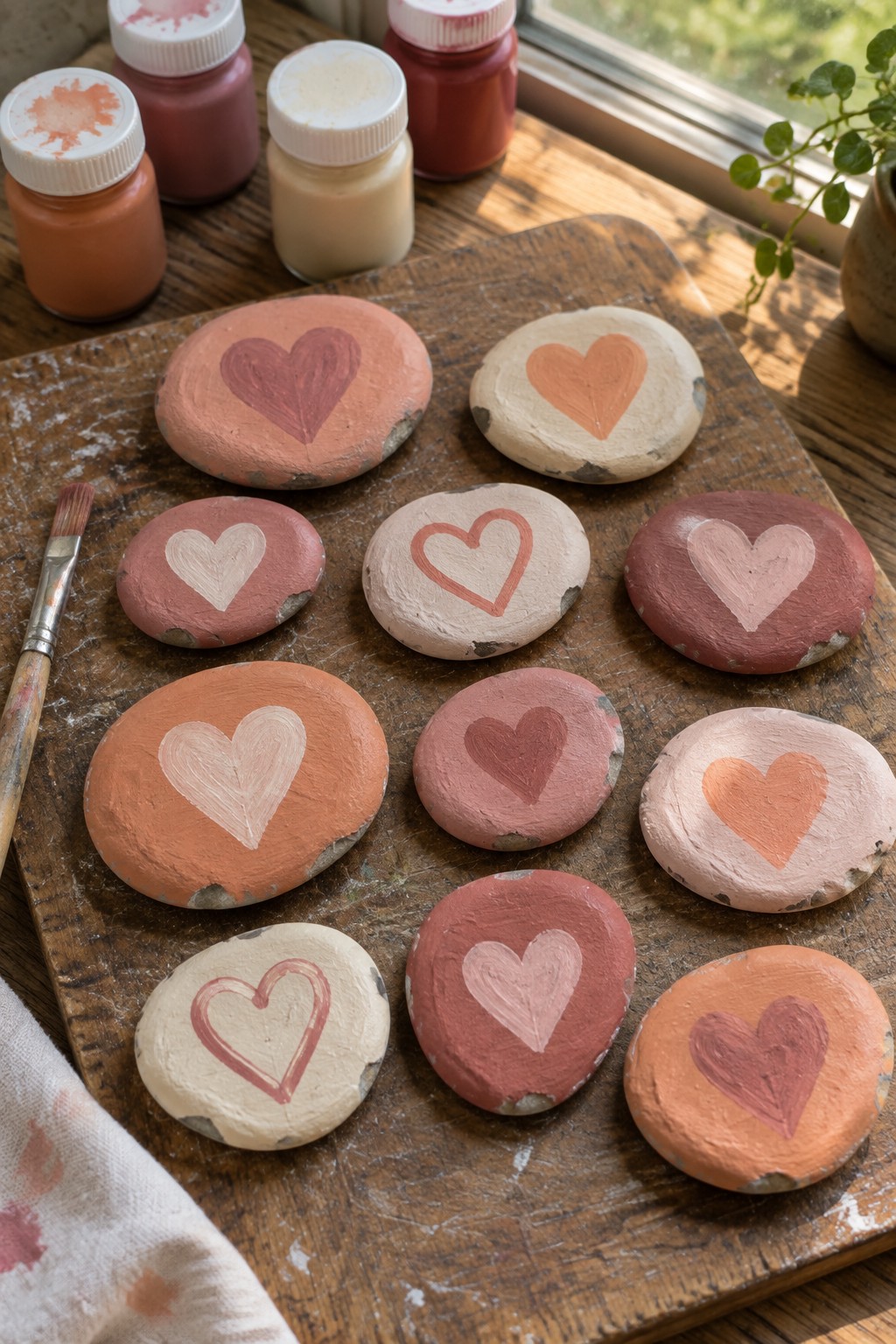 Heart-painted stones in warm tones on wooden board with paint jars and brush.