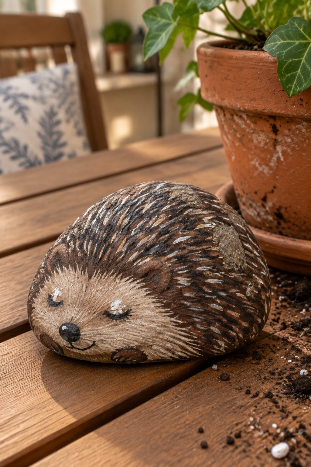 Painted hedgehog stone on wooden table beside terracotta potted plant and soil
