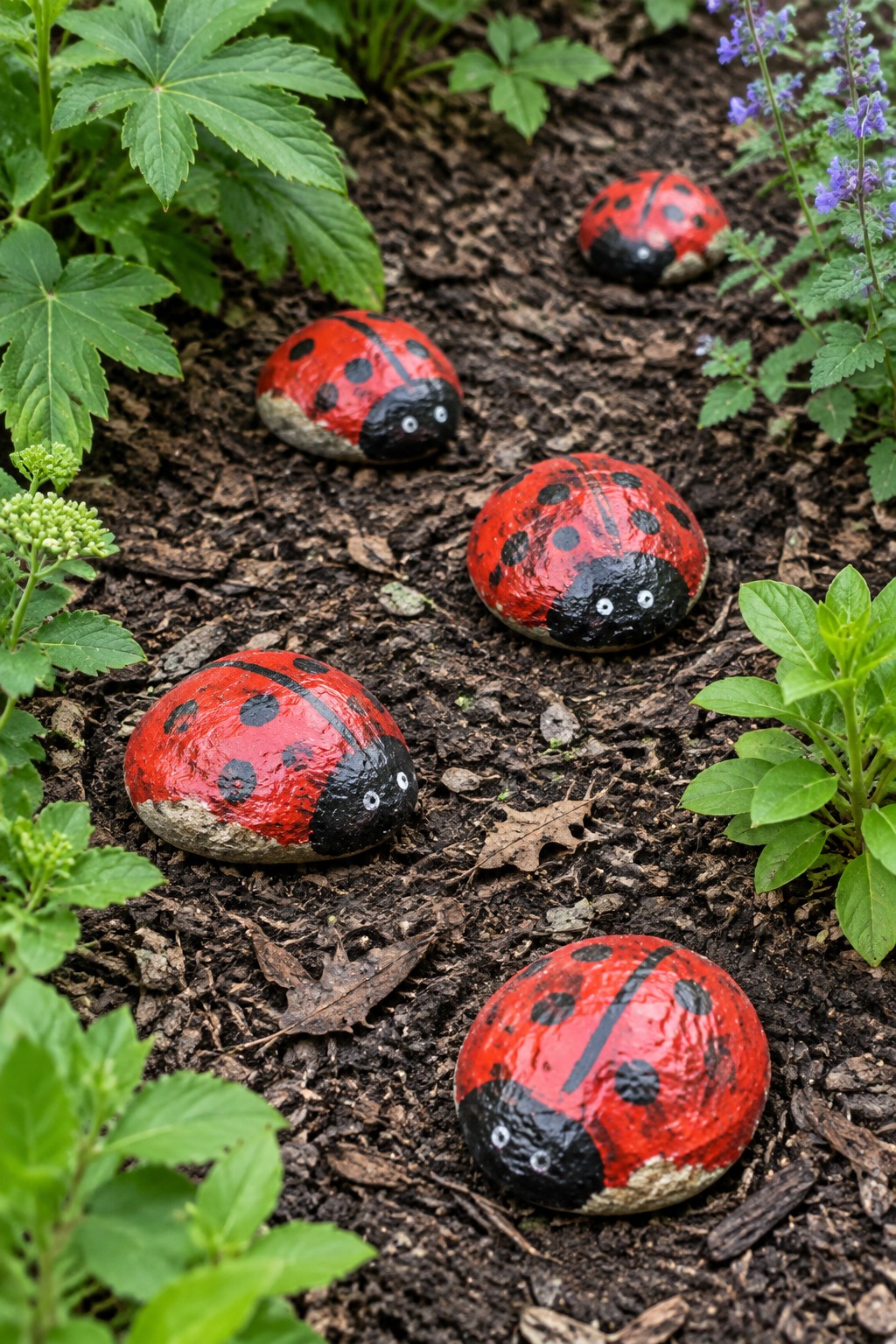 Five painted ladybug rocks on soil amid green garden plants.