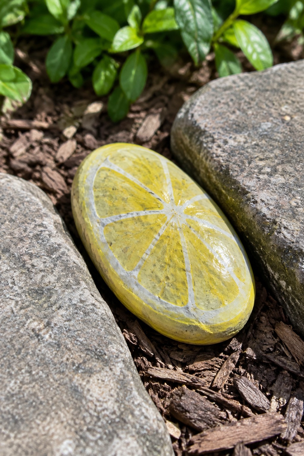 A yellow painted oval rock with white segment lines like a lemon slice sits on mulch between gray stones.