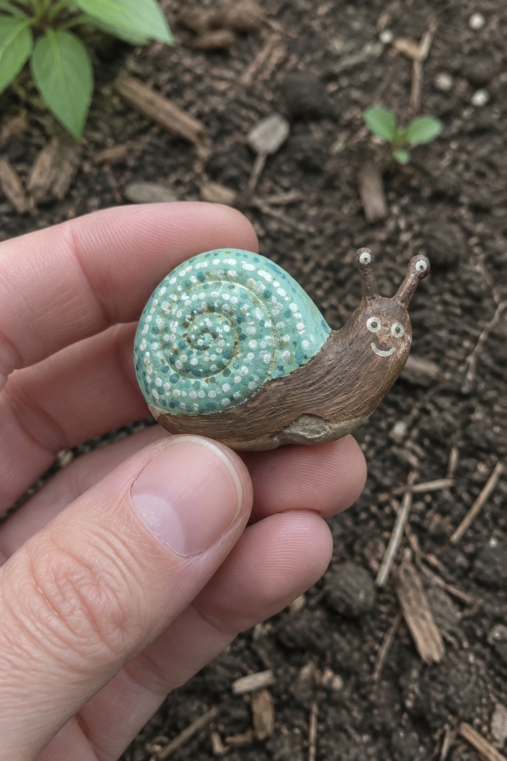 Hand holding small snail figurine with turquoise dotted shell and smiling brown body.