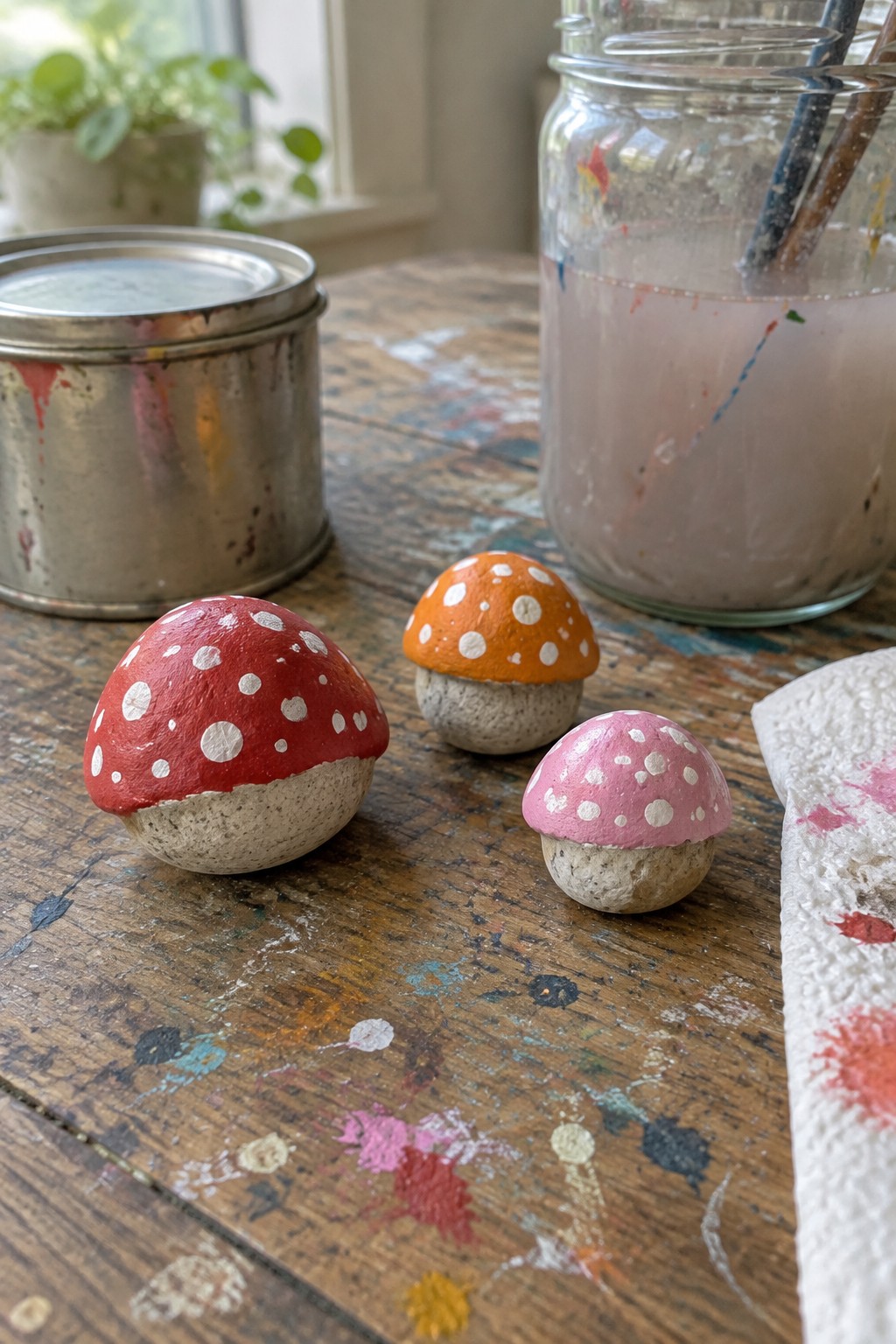Three painted mushroom rocks in red, orange, and pink on a splattered wooden table