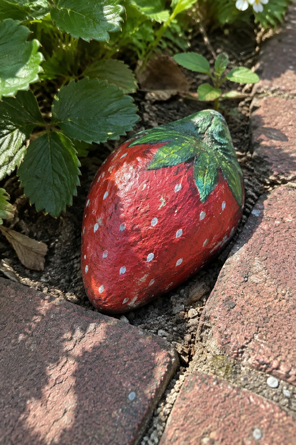 Painted strawberry rock with red body, white dots, and green leaves between bricks