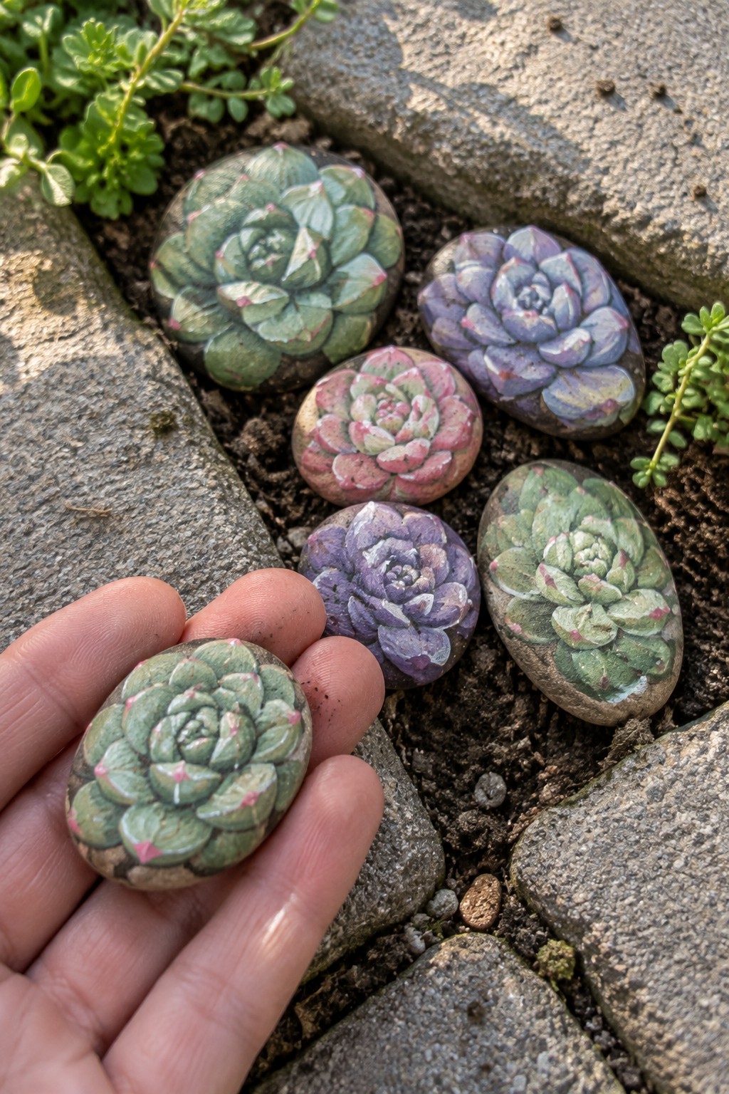 Hand holding green painted succulent rock near four colorful stone succulents on ground