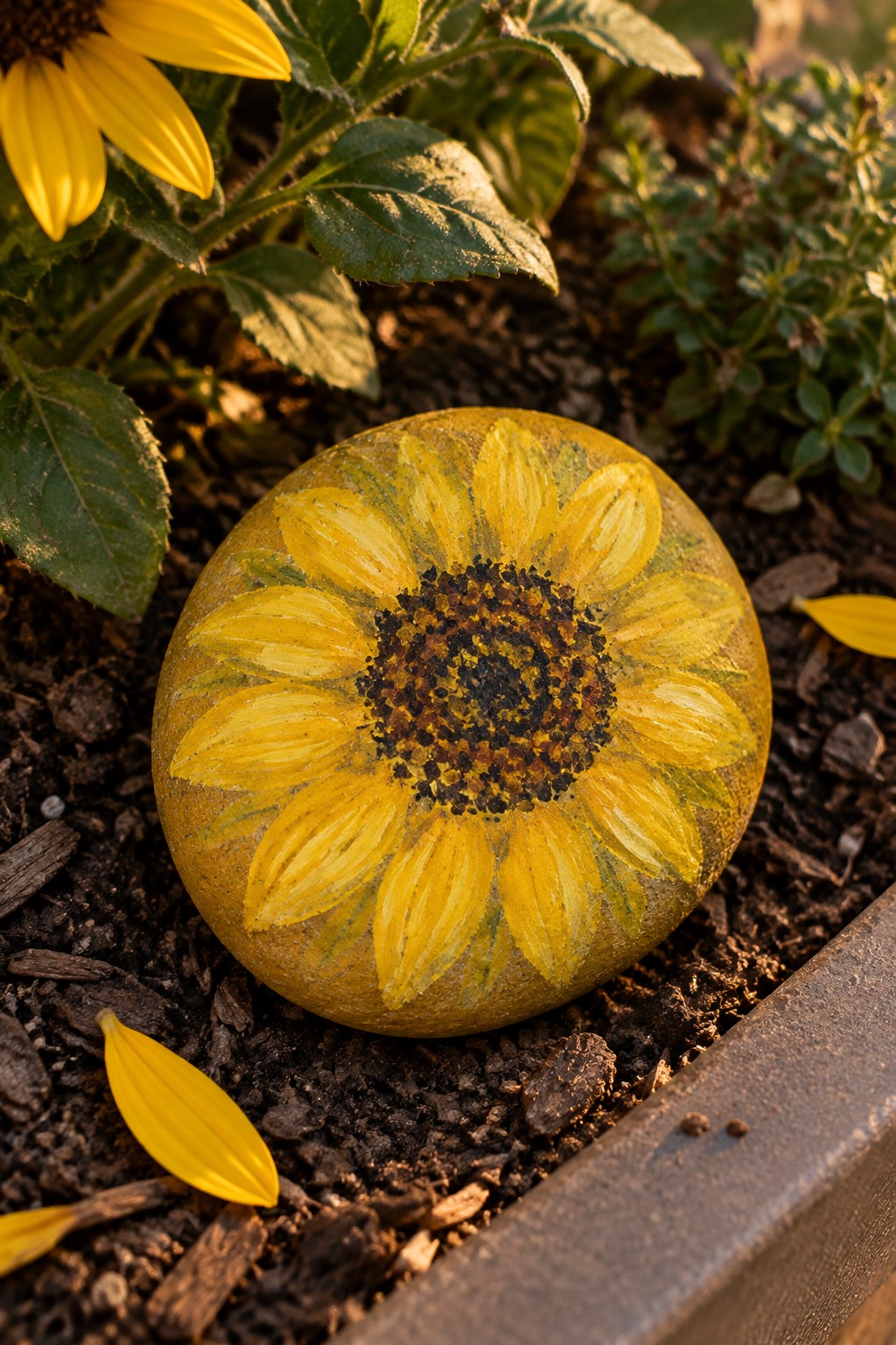 Sunflower painted on round rock amid soil, mulch, and yellow petals