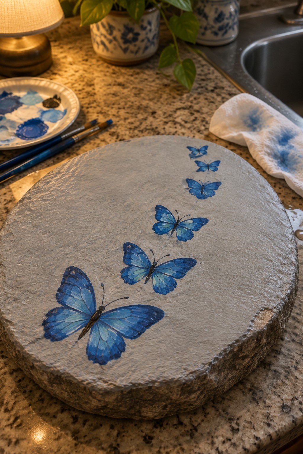 Blue butterflies painted on round gray stone amid art supplies on countertop.