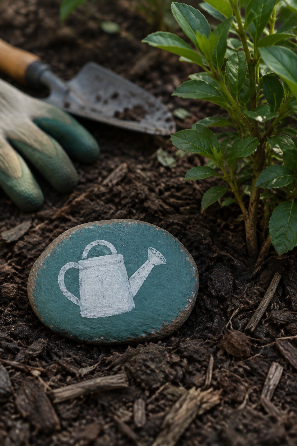 Teal painted rock with white watering can near glove and trowel in soil