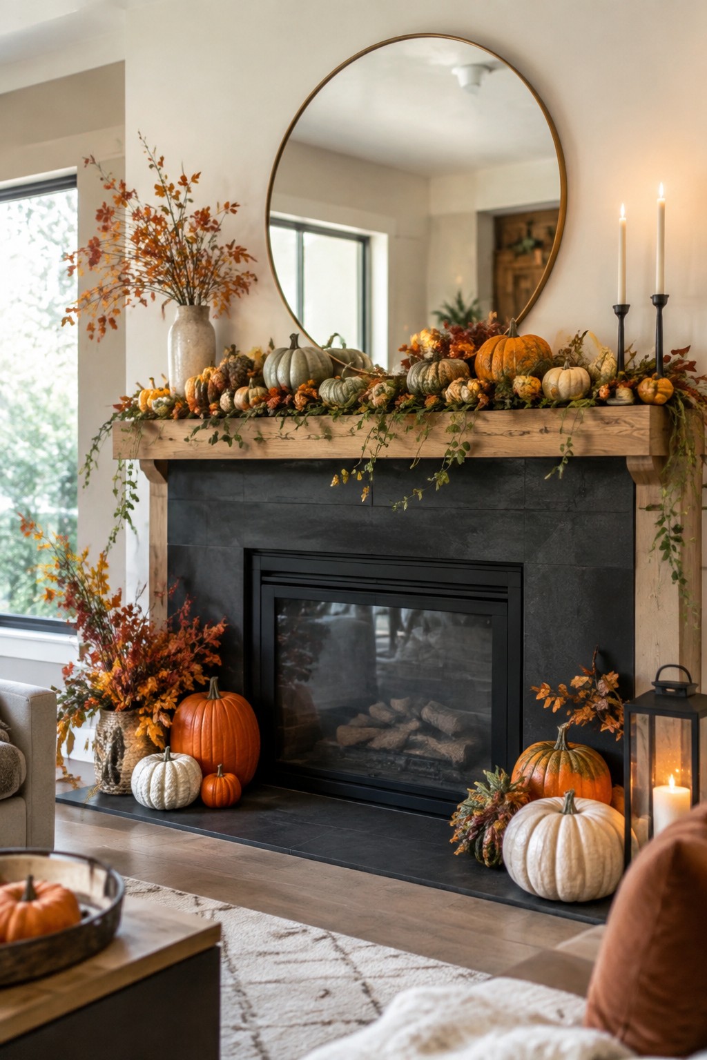 Fireplace mantel lined with orange, white, and green pumpkins of varying sizes along with autumn leaves and two tall candles.