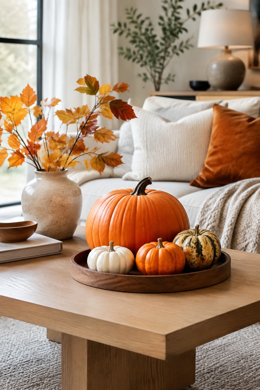 Autumn pumpkins in wooden tray beside vase of fall leaves on oak table