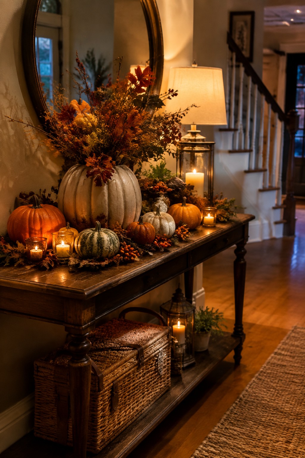 Console table in an entryway styled with orange, white, and striped pumpkins, candles, and autumn foliage.
