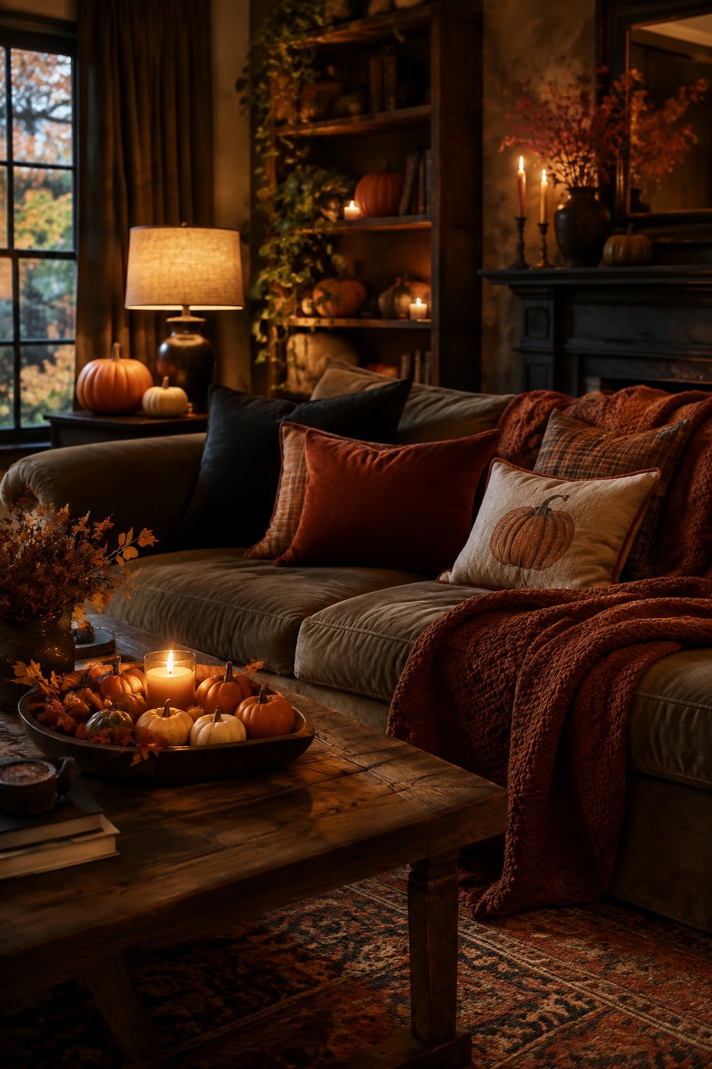 Living room coffee table with a wooden bowl filled with small pumpkins, a lit candle, and scattered leaves next to a sofa with a pumpkin-embroidered pillow.