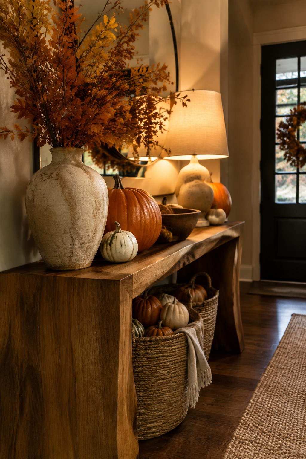 Entryway console table styled with assorted pumpkins, a large ceramic vase holding autumn branches, and woven baskets holding more pumpkins on the floor.